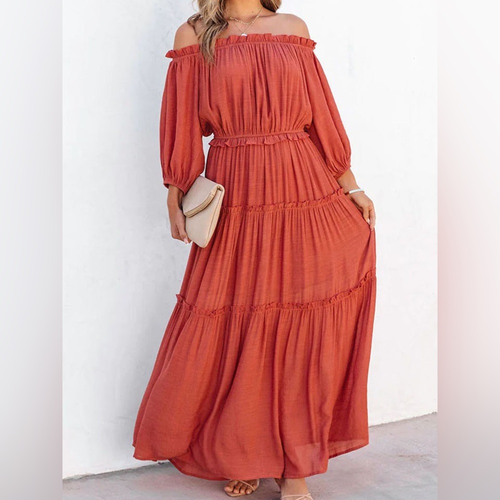 Off-Shoulder Rust Maxi Dress with Tiered Skirt